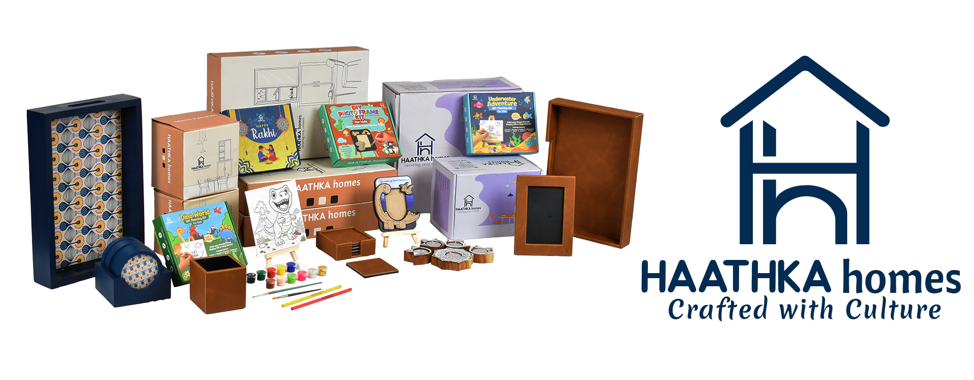 A curated collection of handcrafted DIY kits , wooden decor , and rakhi hampers from Haathka Homes , displayed alongside the brand logo and tagline Crafted with Culture.
